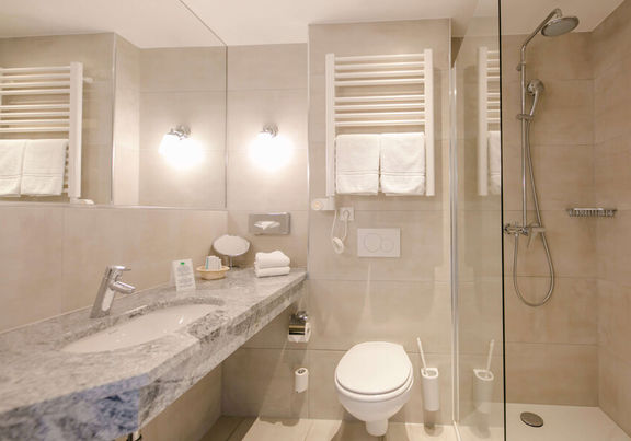 Vista nel bagno della camera Basic dell'Hotel Sailer Innsbruck con una doccia, un WC e un grande lavabo