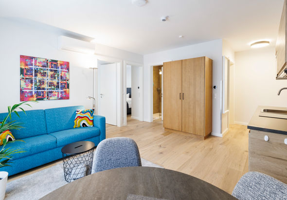 The modern, fully equipped kitchen-living room in the Deluxe Plus Apartment