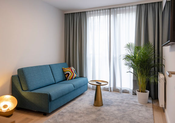 Il moderno soggiorno dell'appartamento con divano, tavolo e molto altro.