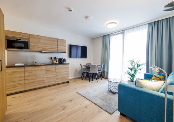 The modern, fully equipped kitchen-living room in the Deluxe Plus Apartment.