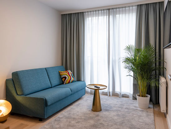 Il moderno soggiorno dell'appartamento con divano, tavolo e molto altro.