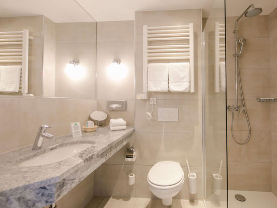 Vista nel bagno della camera Basic dell'Hotel Sailer Innsbruck con una doccia, un WC e un grande lavabo