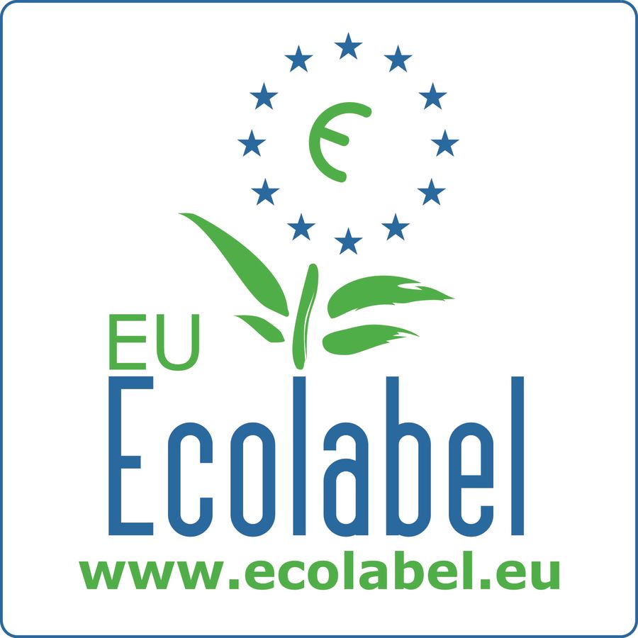 EU Ecolabel Logo in Blau und Grün, mit Blättern und Sternen umrahmt.