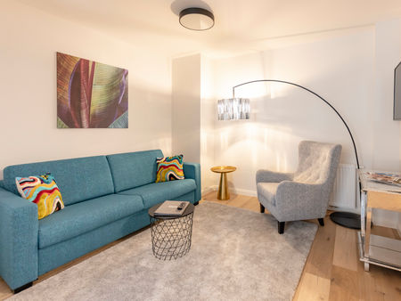 Il moderno soggiorno dell'appartamento Delux XL con divano, tappeto, tavolo e molto altro.