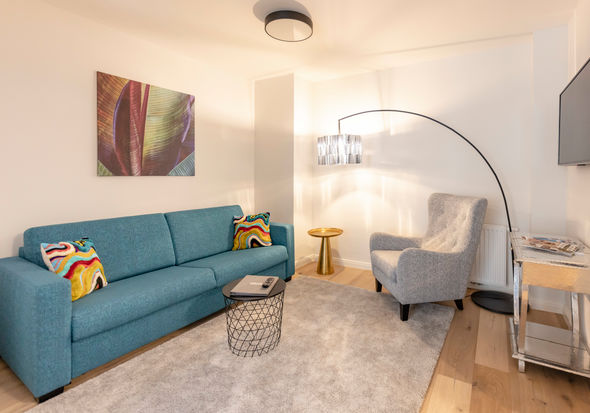 Il moderno soggiorno dell'appartamento Delux XL con divano, tappeto, tavolo e molto altro.