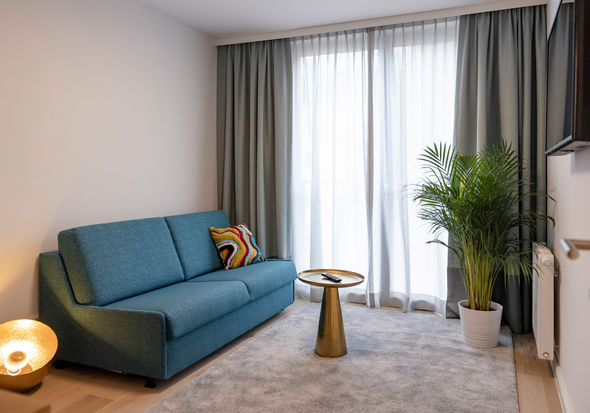 Il moderno soggiorno dell'appartamento con divano, tavolo e molto altro.