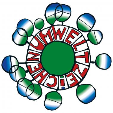 Rundes Logo mit grünen und blauen Elementen und Schriftzug "Umweltzeichen".