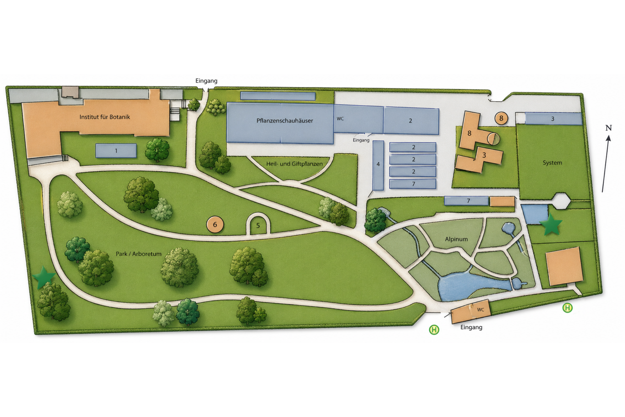 Übersichtsplan des Botanischen Gartens mit Wegen, Gewächshäusern, Alpinum, Parkbereichen und Eingängen.